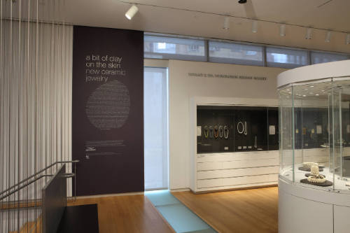 Installation view of A Bit of Clay on the Skin: New Ceramic Jewelry at the Museum of Arts and D…