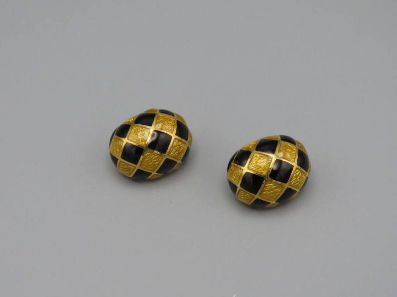 Gold And Black Diamond Patterned Enameled Earrings