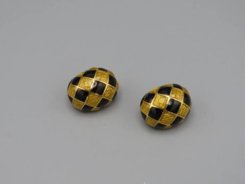 Gold And Black Diamond Patterned Enameled Earrings
