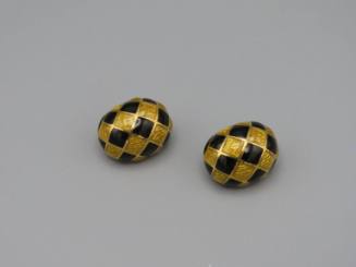 Gold And Black Diamond Patterned Enameled Earrings